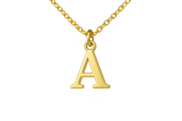 Elegant golden letter A pendant necklace isolated on transparent background