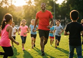 A group of kids run with their coach on a sunny day