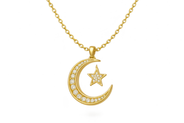 Elegant golden moon and star pendant isolated on transparent background