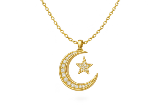 Elegant golden moon and star pendant isolated on transparent background