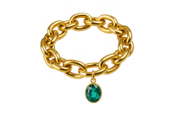 Luxurious golden chain bracelet with green gemstone pendant, isolated on transparent backdrop.