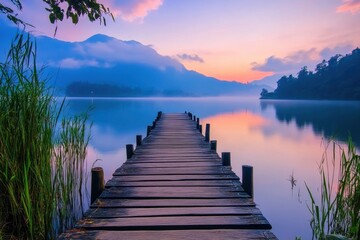 Fototapeta premium A breathtaking view of a tranquil lake at dawn, featuring a wooden pier extending into the water. Mist envelops the mountains in the background, creating a serene atmosphere.