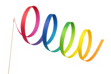 Colorful ribbon twirling dynamically around wooden stick, generating rhythmic movement against clean transparent backdrop