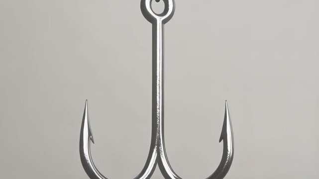 Sharp and gleaming metal treble fishing hook hanging down against a plain background, close-up perspective showcasing the hook's form.