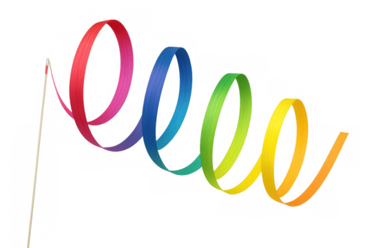 Colorful ribbon twirling dynamically around wooden stick, generating rhythmic movement against clean transparent backdrop