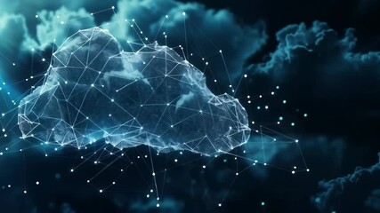 Video with dynamic graphics of a cloud consisting of many connected dots against the night sky. Ideal for presentations on technology, innovation and digital solutions, as well as for illustrating con