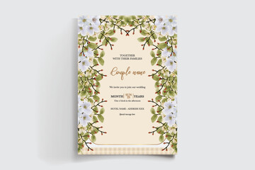 WEDDING INVITATION FRAME WITH FLOWER DECORATIONS AND FRESH LEAVES