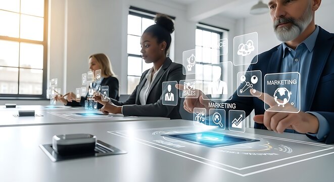Business team interacting with a futuristic digital interface in the workplace, visualizing data and marketing strategies
