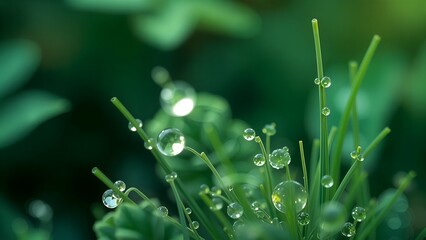Morning dew drops glisten on fresh dark green grass, a macro close-up of nature's tiny, wet jewels