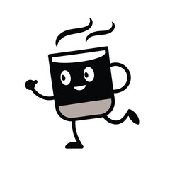 Black coffee cup mascot running with steam on white background