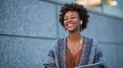 Portrait of a joyful Black woman laughing quietly, immersed in upbeat music, relaxed posture with tablet in hand, enjoying the calm moment before a busy conference schedule