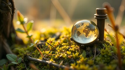 liquid in a clear transparent glass globe sphere bottle with world map decoration near tree on green yellow grass field meadow
