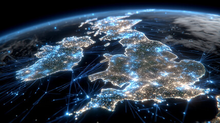 Futuristic map of the United Kingdom illuminated with neon communication pathways, satellites orbiting above sending data streams, symbolizing global tech connectivity and digital