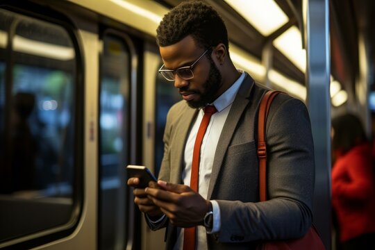 Young businessman using smartphone while commuting on subway train