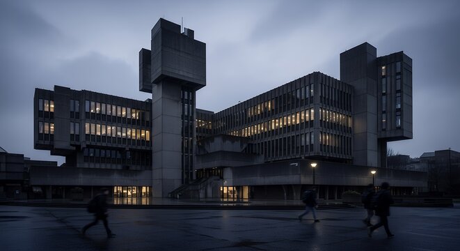 Brutalist Architecture at Dusk: Concrete Building with Silhouetted Figures.