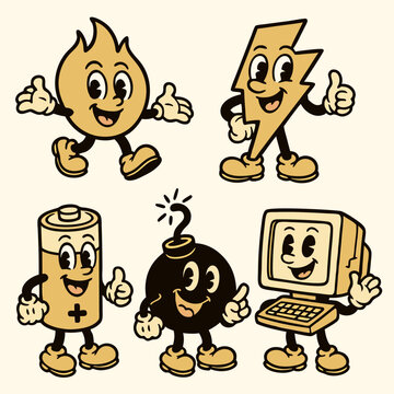 Vintage cartoon illustration set of cute retro mascot characters: flame, lightning bolt, bomb, battery, and old computer