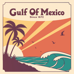 Obraz premium Retro Gulf of Mexico Sunset Beach with Palm Trees and Waves
