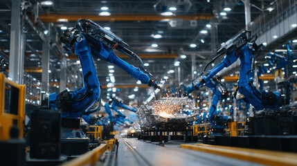 Wide shot of fully automated production line with robotic arms welding steel auto components, illuminated by dramatic overhead lights and filled with the energy of industrial autom