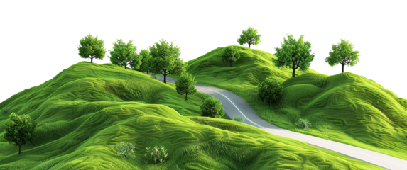 Green grassy hills with isolated trees and winding paths on a white background