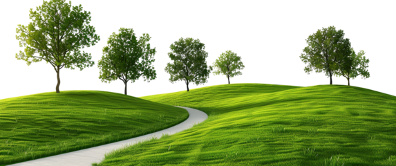 Green grassy hills with isolated trees and winding paths on a white background
