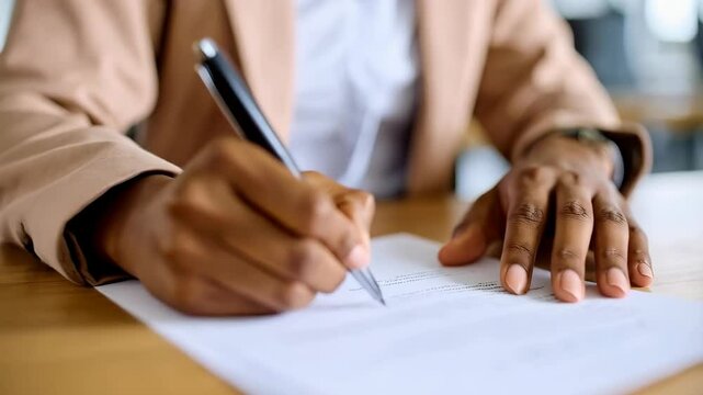 Adult hand writing on a document with black pen, office worker signing form, business document signing, paperwork approval in office