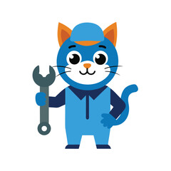 Blue cat mechanic wearing overalls and cap holding wrench