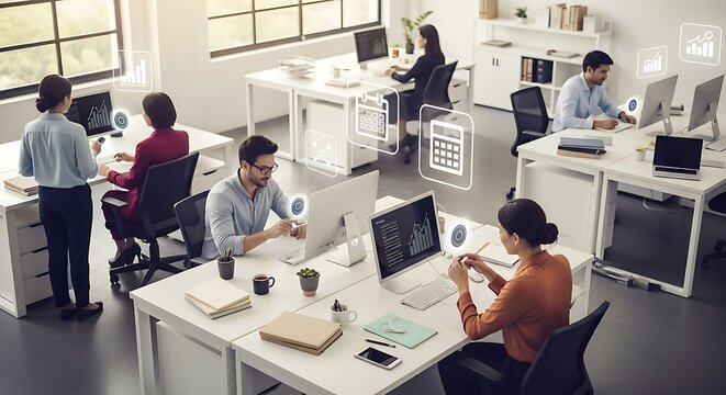 Group of colleagues working at desks inside modern office with digital overlays enhancing collaboration and productivity. - Powered by Adobe