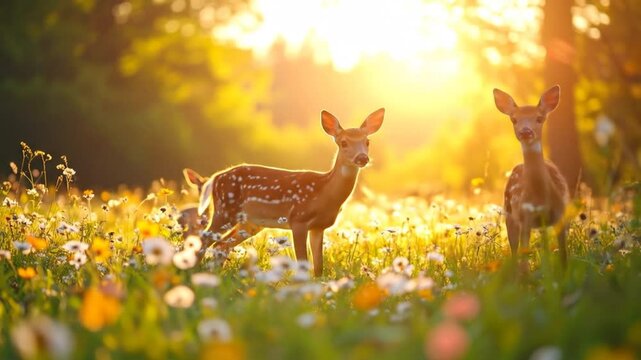 Two Spotted Fawns Standing Amidst Wildflowers and Sunlight in a Lush Green Meadow