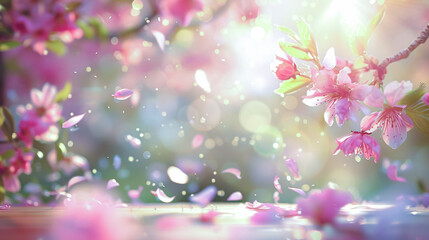Blooming pink flowers falling petals soft light spring