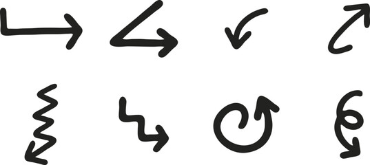 Bold Hand Drawn Arrow Icons – Doodle Style Direction Symbols with Curves and Zigzags.