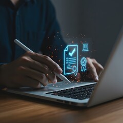 Person using stylus on laptop with digital quality assurance and certification icons
