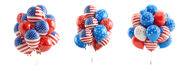Patriotic Red White Blue Balloon Bunches Isolated on Transparent Background

