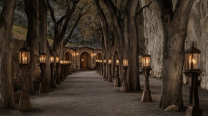 Serene pathway illuminated by vintage lanterns under a canopy of trees