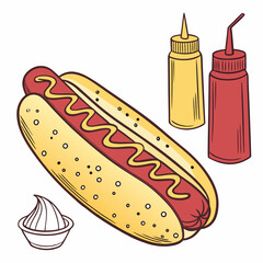 Hotdog with mustard and ketchup bottles sausage