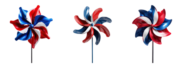Patriotic Red White Blue Pinwheels Set Isolated on Transparent Background

