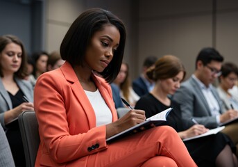A stylish Black woman takes notes during a business conference or training event.