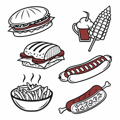 Burger hot dog corn fries and meat bone corn on the cob