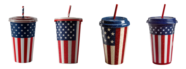 USA Flag Disposable Drink Cups Set Isolated on Transparent Background

