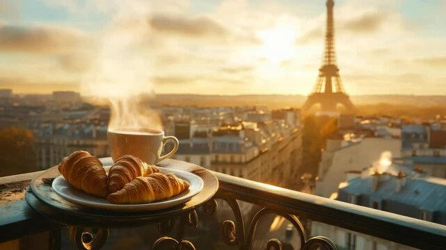 Paris Breakfast with Croissants and Coffee on Balcony with Eiffel Tower View