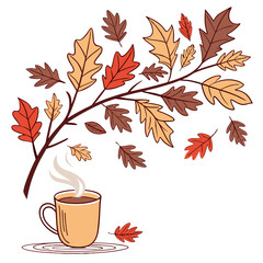 Autumn leaves falling with cozy mug illustration oak leaves