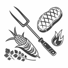 Barbecue grill tools steak corn herbs fire vector