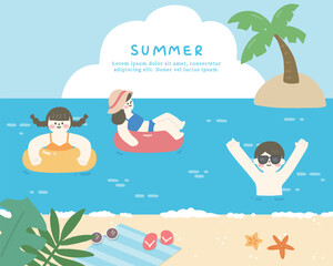 Hand drawn summer template background on the ocean with people swimming.