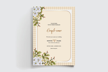 WEDDING INVITATION FRAME WITH FLOWER DECORATIONS AND FRESH LEAVES