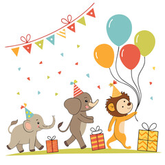 Lion elephant parade with balloons and gifts birthday