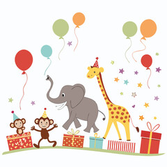 Happy animals celebrating with balloons and presents