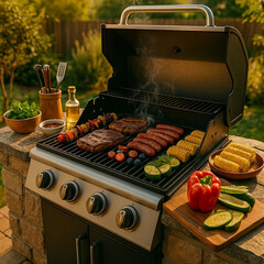 Summer outdoor BBQ grill loaded with steaks, sausages, corn, fresh veggies and warm garden background in golden hour.