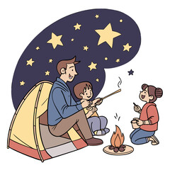 Father and children camping under starry night sky