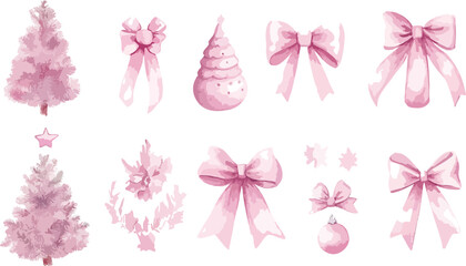Watercolor Pink Christmas Decorations Set Isolated on White Background
