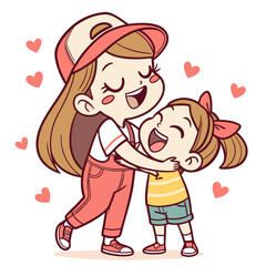 Happy sisters hugging with hearts cartoon love
