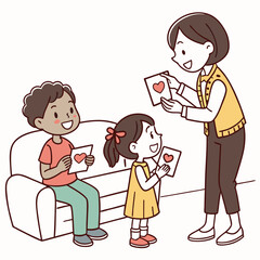 Children giving handmade cards to family hearts